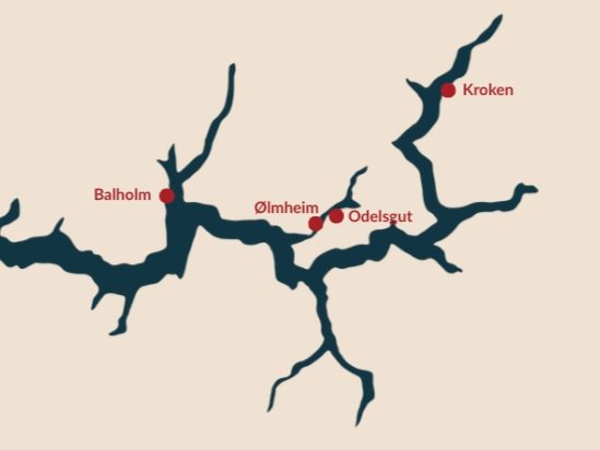 Kart som viser fire steder: Balholm, Ølmheim, Odelgsvut og Kroken, i en vannvei med grener.