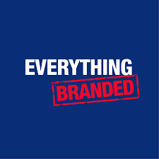 Blue background with white text saying "EVERYTHING" and a red stamped box with black text saying "BRANDED"
