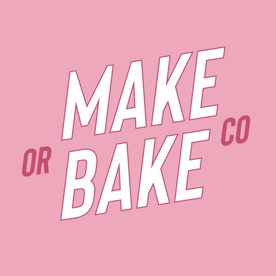 Pink background with bold white text saying "MAKE BAKE" and smaller pink text "OR" and "CO"