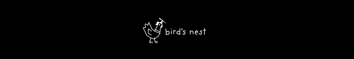 White hand-drawn illustration of a bird holding a twig in its beak, with the words "bird's nest" on a black background.