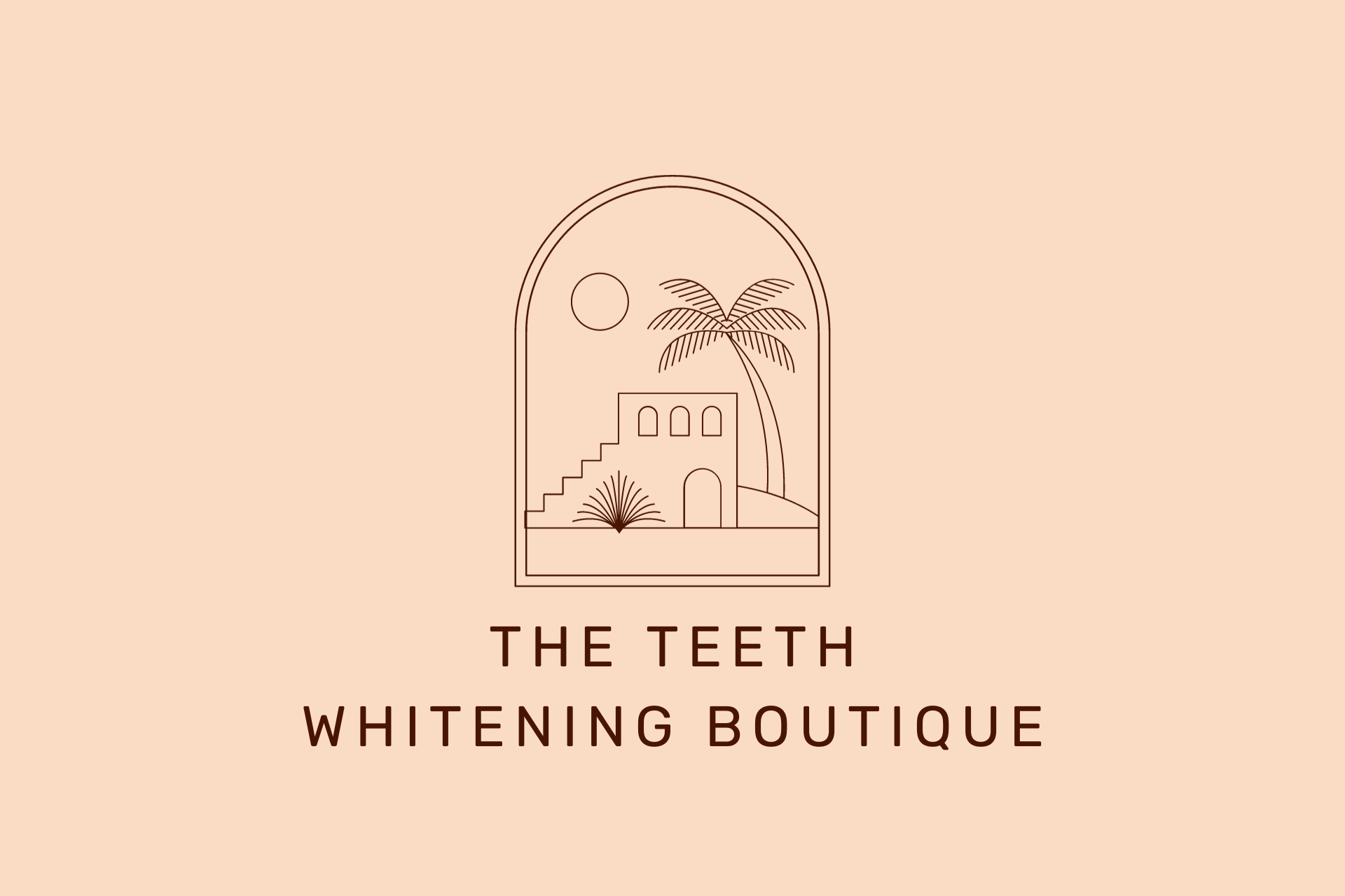 Logo for The Teeth Whitening Boutique featuring a line drawing of a window with stairs, a door, a palm tree, a small bush, a sun, and a mountain in a desert-like setting, with the business name beneath.