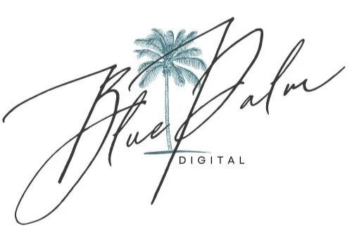 Stylized text that reads 'Blue Palm Digital' with a small illustration of a palm tree.