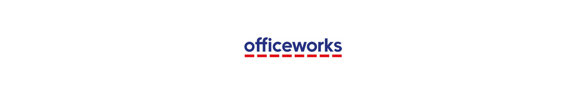 Officeworks logo with blue text and red dashed underline