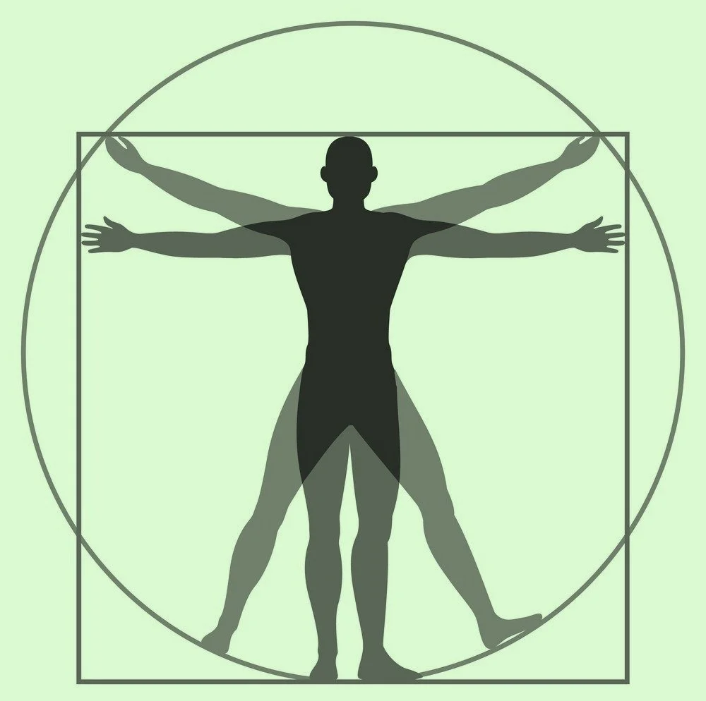 A silhouette of a person with multiple arms and legs in different positions, resembling Leonardo da Vinci's Vitruvian Man, with geometric shapes overlaying the image.