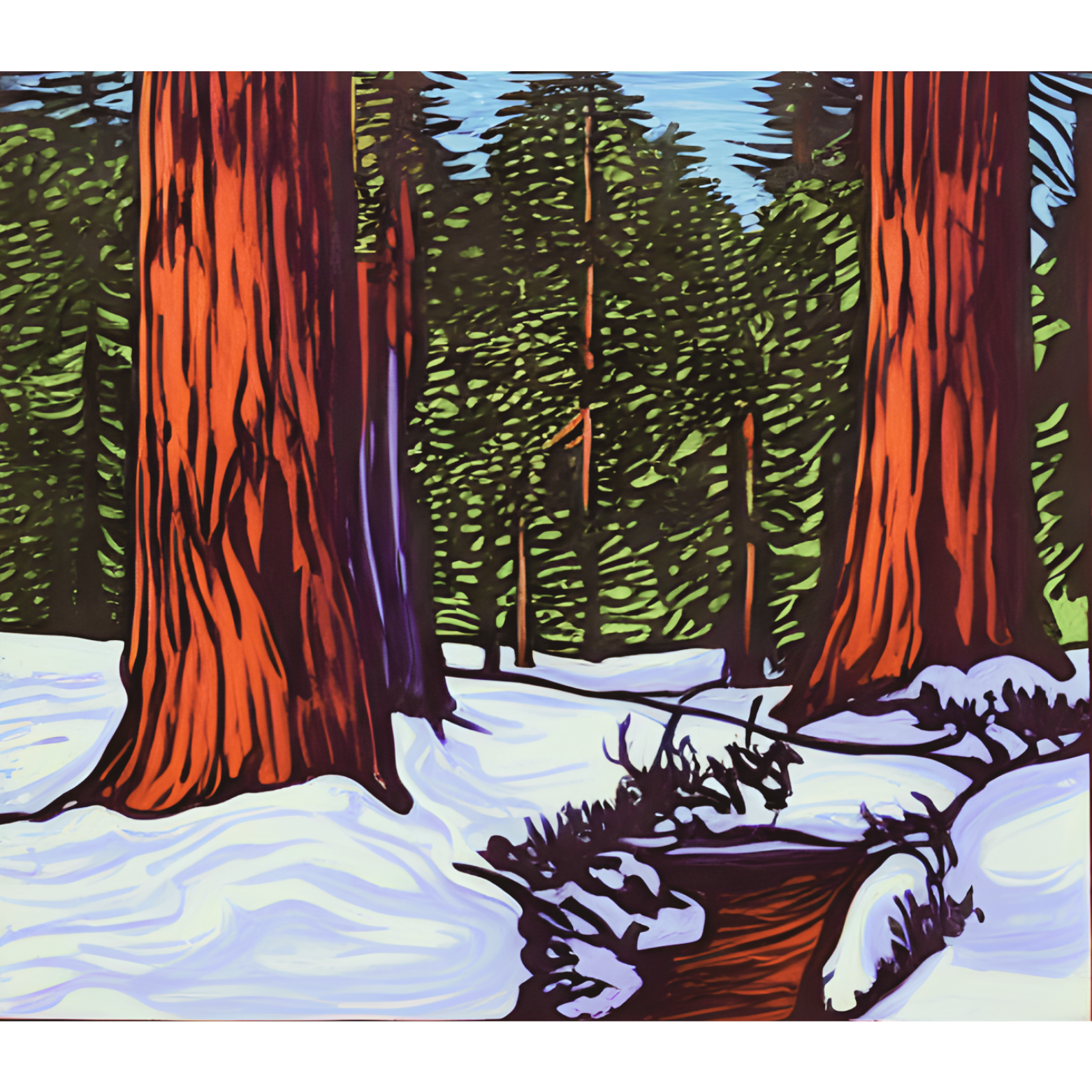 Colorful painting of a forest scene with tall trees, green foliage, and snow on the ground.