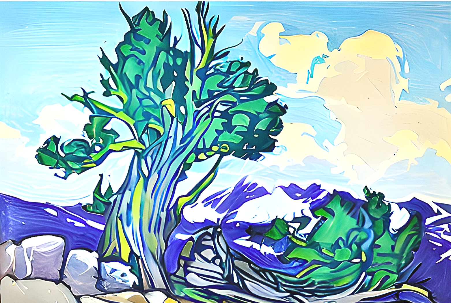 Painting of lone tree representing body-based individual therapy at Bristlecone Therapy in Wheaton, IL.