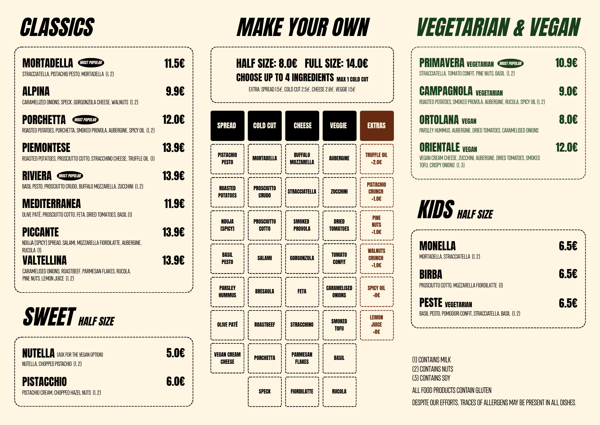 Restaurantmenü mit Kategorien Classic, Make Your Own, Vegetarian & Vegan, Kids, Sweet. Enthält verschiedene Pizzasorten, Preise, Zutaten und Extras in Deutsch.