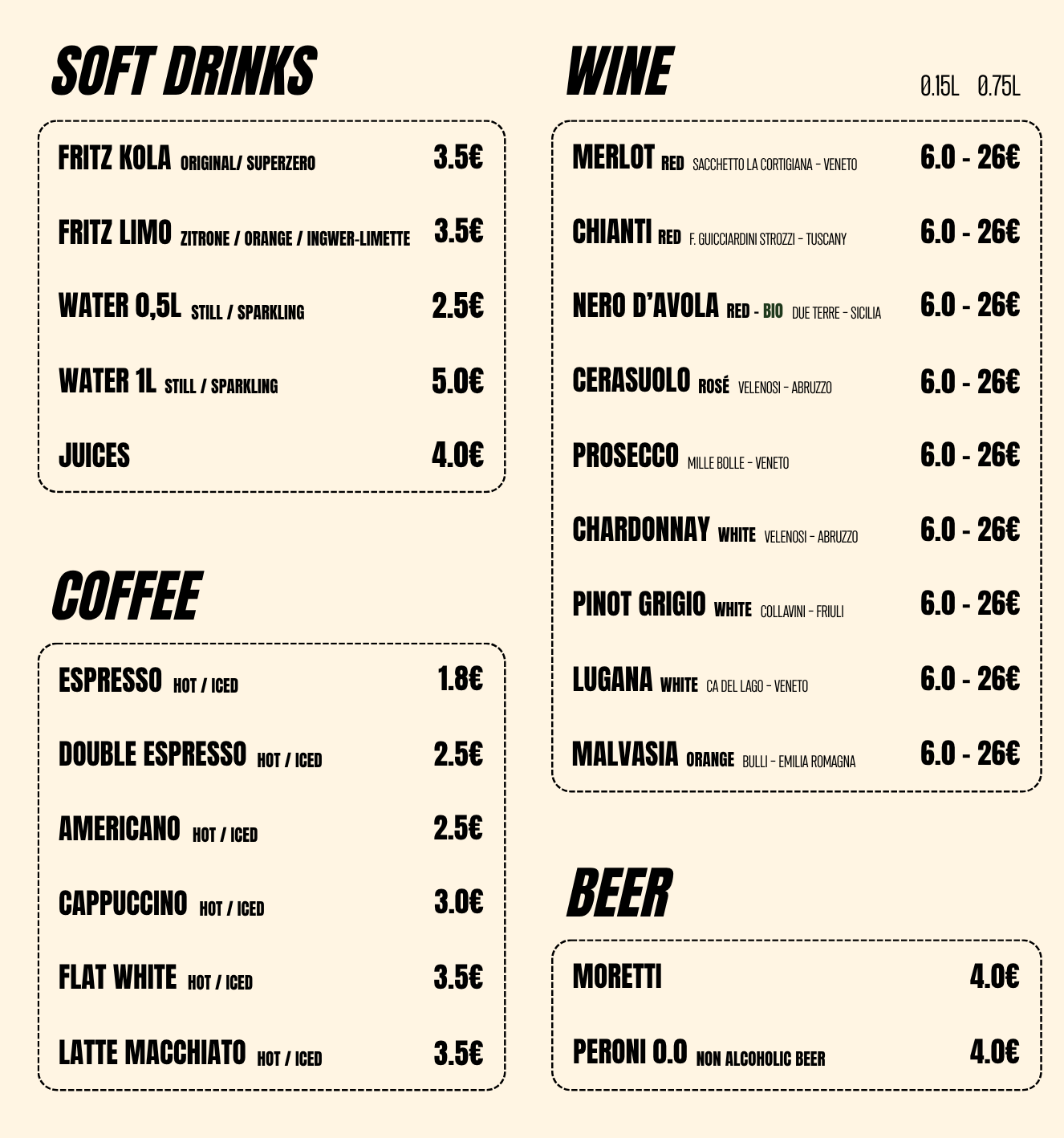 Menu displaying soft drinks, coffee, wine, and beer options with prices for 0.15L and 0.75L servings.