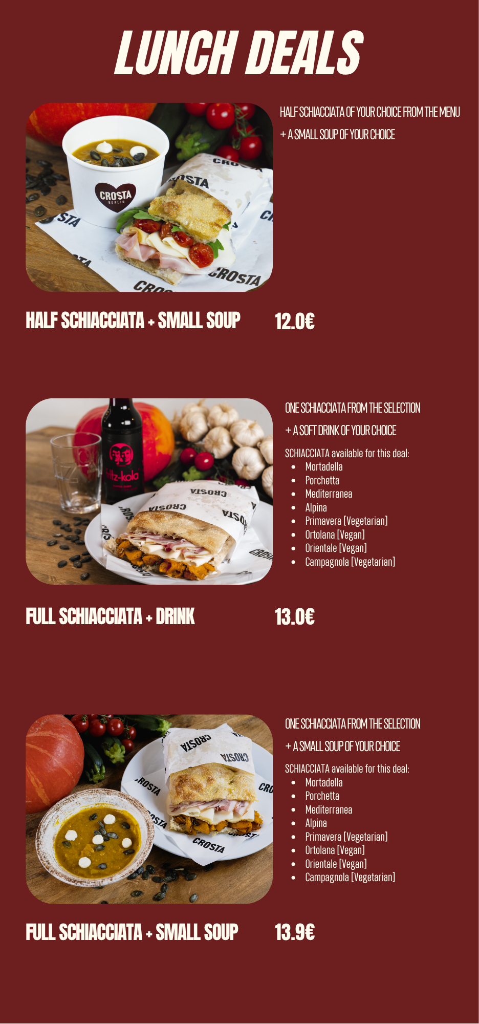 Speisekarte mit Mittagessenangeboten, darunter Half Schiacciata mit kleiner Suppe für 12 Euro, Full Schiacciata mit Getränk für 13 Euro, und eine Kombination aus Voll Schiacciata und kleiner Suppe für 13,90 Euro, jeweils mit Bildern der Gerichte und Zutaten.