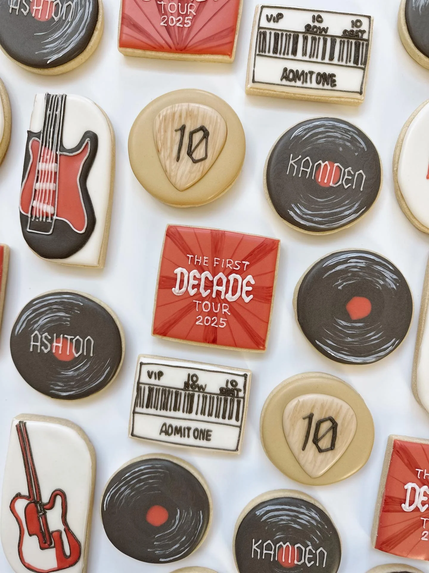 🎸Rock on! ⚡️The First Decade Tour 2025 - complete with vinyl records, VIP passes and all you need for a pretty sweet time 💥 order link in bio to request your own custom cookies for your next event.