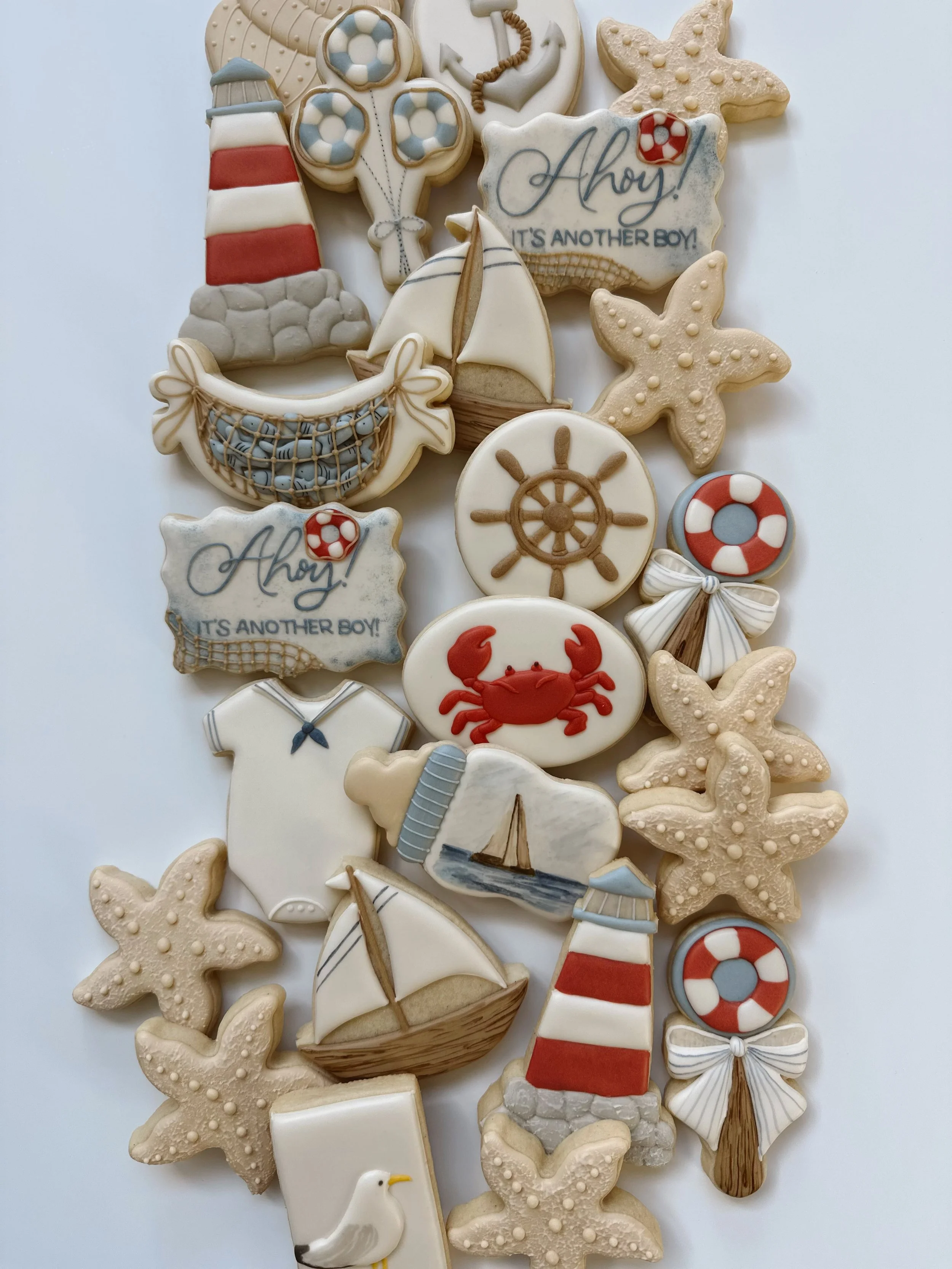 AH🛟Y BABY BOY ⛵️ If you&rsquo;re looking for a custom, unique addition to baby showers or sprinkles, cookies are it! Booking for the rest of the year at link in bio. 
.
.
#customcookiesbozeman #sugarcookies #bozeman #dyefree #cookiemaker