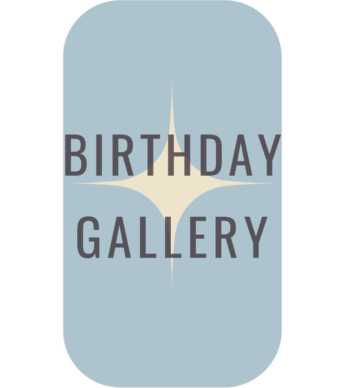 A graphic with the words "Birthday Gallery" written over a light blue background with a starburst design in the center