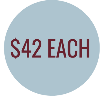 A circular sign with a light blue background displaying the text '$42 EACH' in large, purple letters.