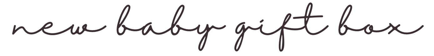 Text that reads "new baby gift box" in a stylish, cursive font.