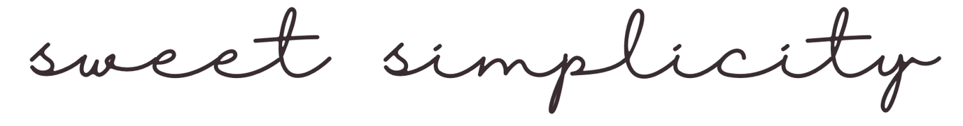 Text that says "sweet simplicity" in cursive font.