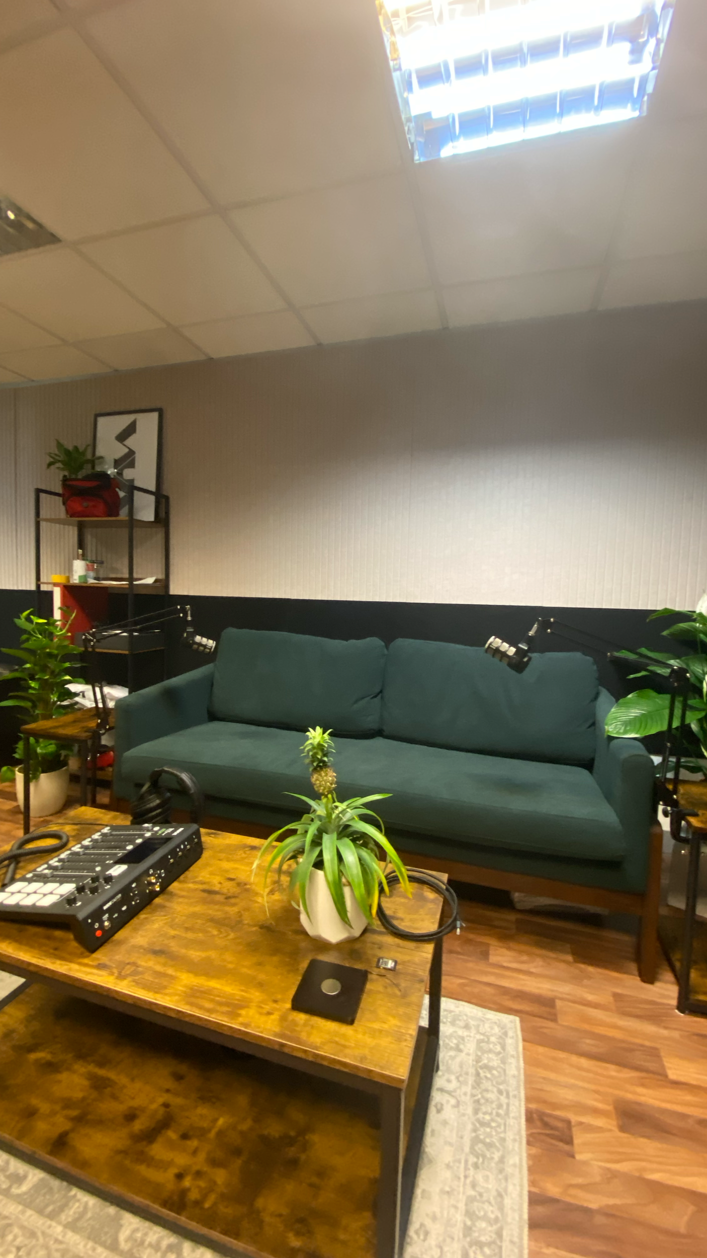 A recording studio with a green couch, potted plants, a wooden table with DJ equipment, and a bookshelf in the background.