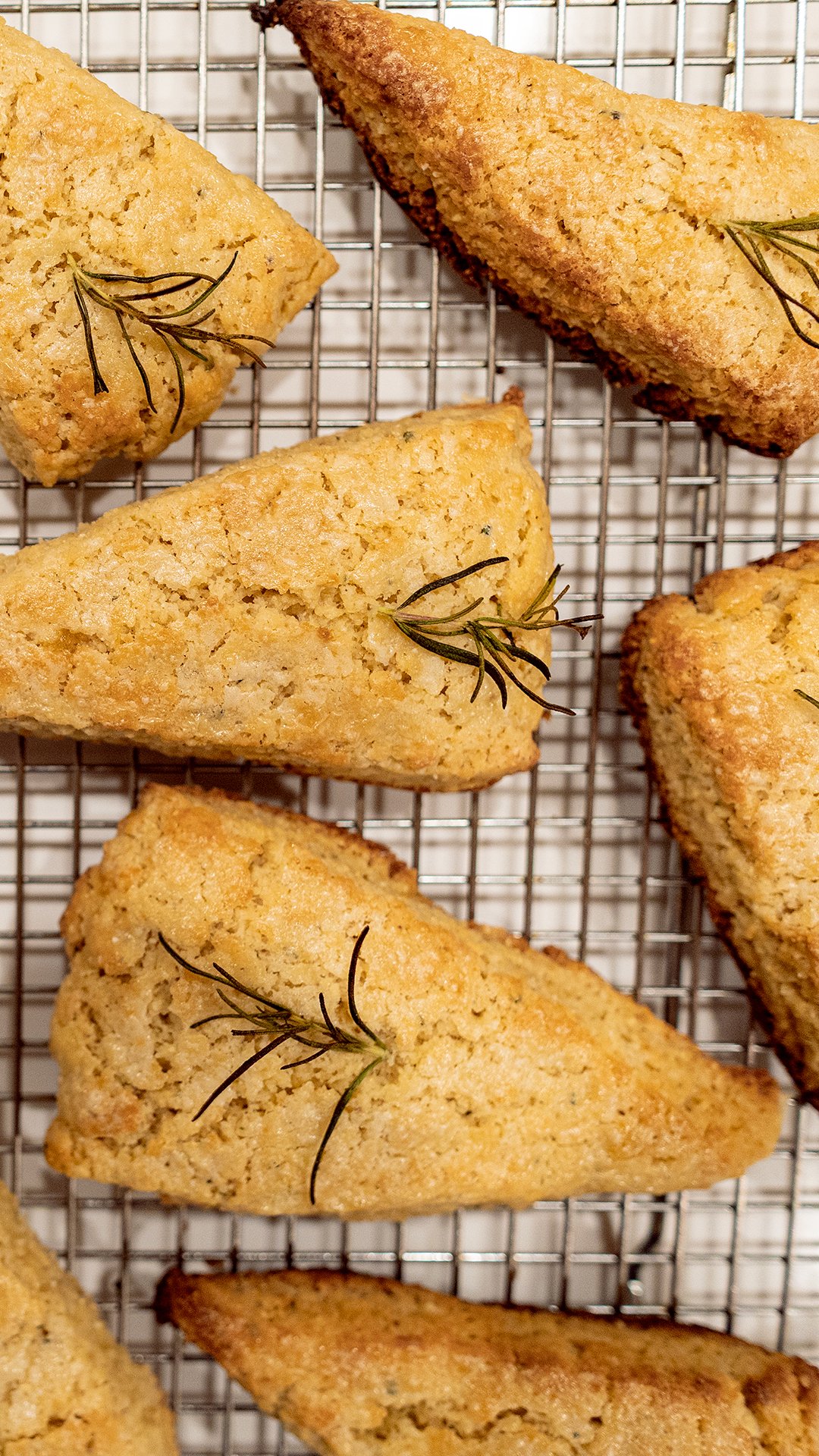 Scones garnished with sprigs of thyme on a wire cooling rack.
