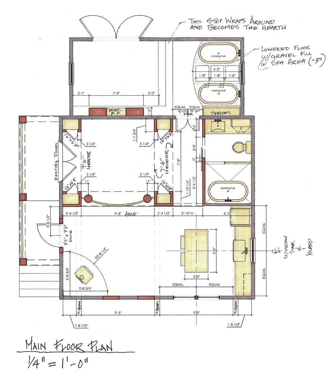Architectural floor plan of the main floor showing rooms including a living room with a fireplace, two bathrooms with soaking tubs, a dining area, and a kitchen with a pantry and island, with handwritten notes and measurements.