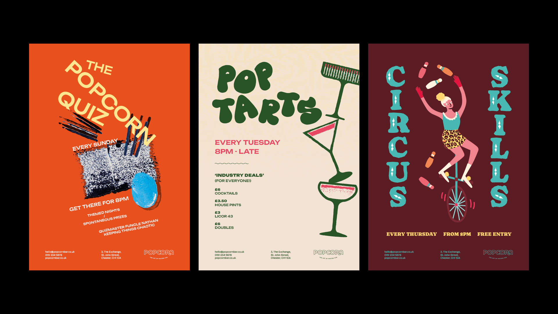 Developed distinctive event graphics and promotional materials including eye-catching designs for recurring events that maintain brand consistency while creating excitement around weekly programming
