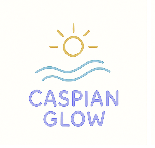 A simple illustration of a sun above two wavy lines with the text "Caspian Glow" beneath, in pastel colors.