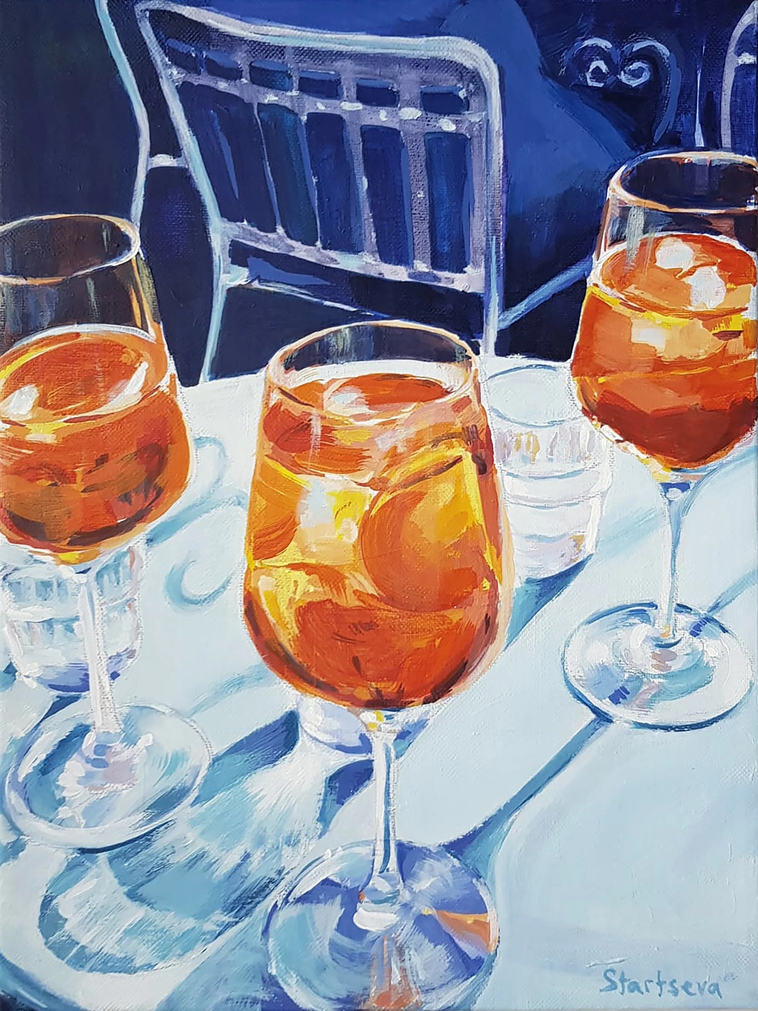 A painting of a table set with three wine glasses filled with orange-colored drinks, a small glass of water, and a blue chair in the background.