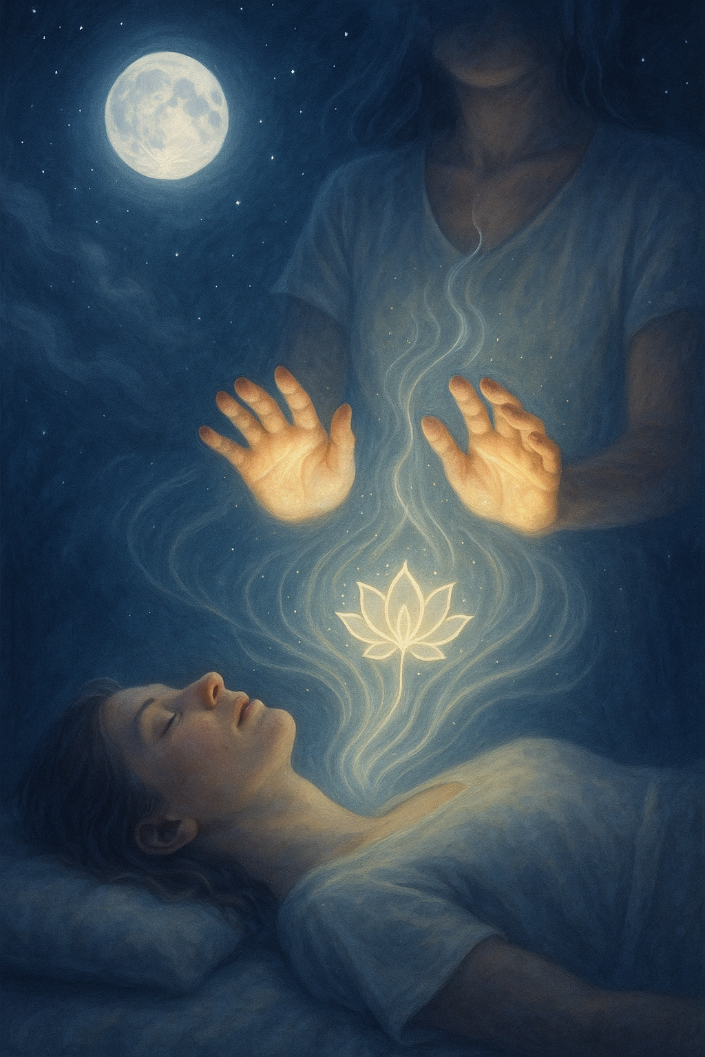 A woman is lying down peacefully with her eyes closed, while another person is depicted above her with hands raised, emitting a glowing lotus flower. A bright full moon and stars are visible in the night sky in the background.