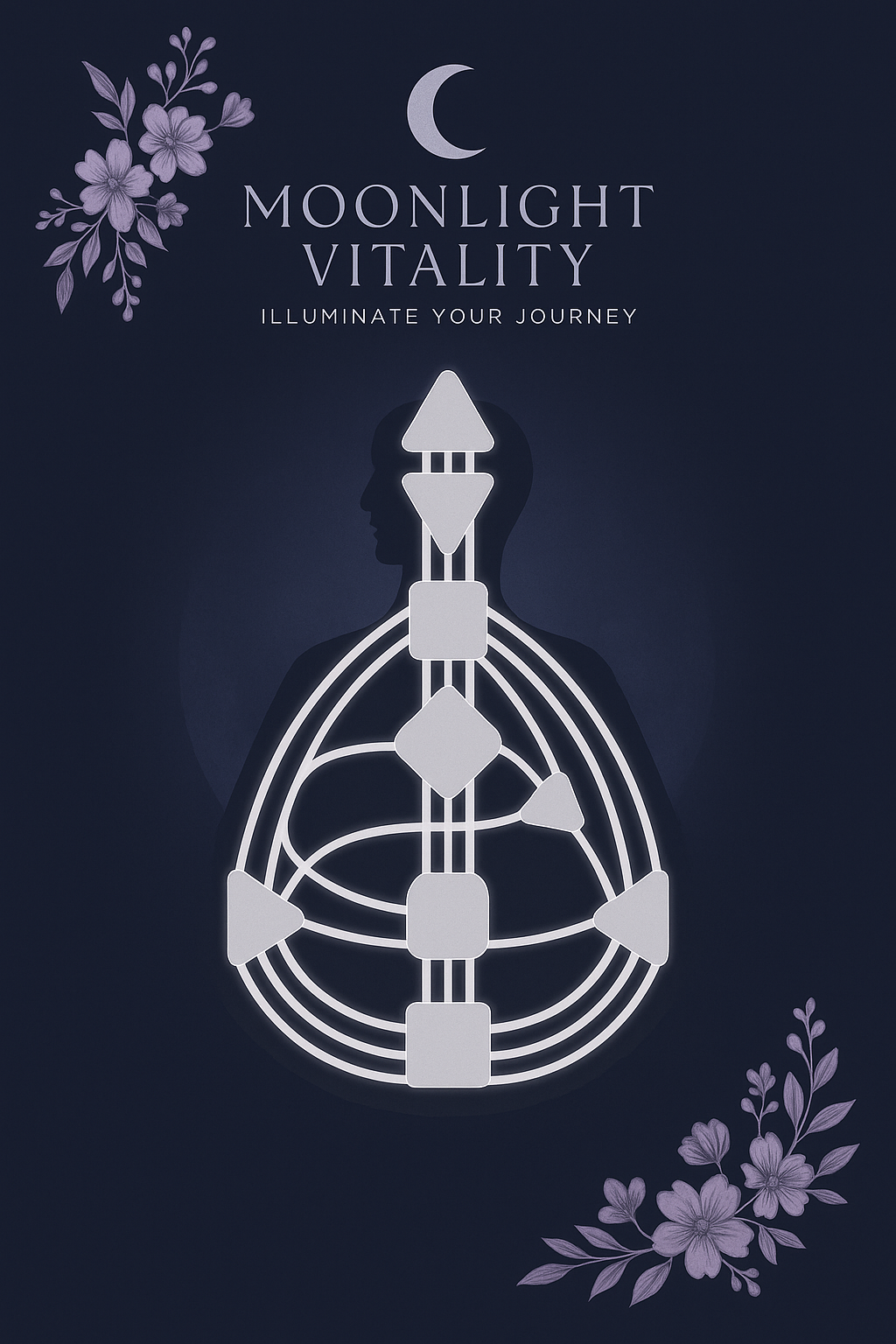 A poster with a dark background featuring a human silhouette with a glowing, stylized neural network diagram overlaid on the chest area. The top of the poster has a crescent moon, purple floral illustrations in the corners, and the text "Moonlight Vitality" and "Illuminate Your Journey".