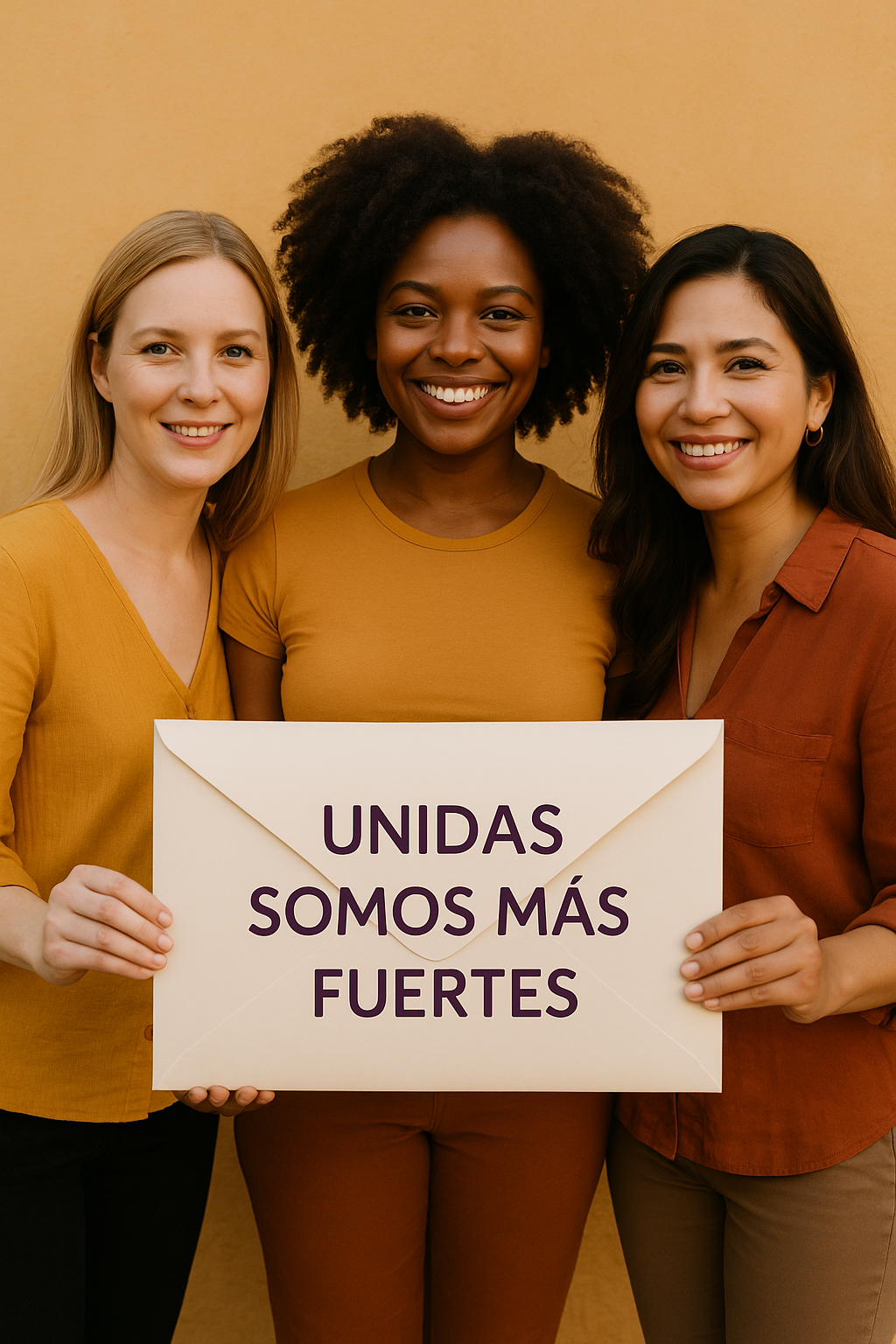 Three women smiling and holding a sign that reads "UNIDAS SOMOS MÁS FUERTES" against a yellow background.