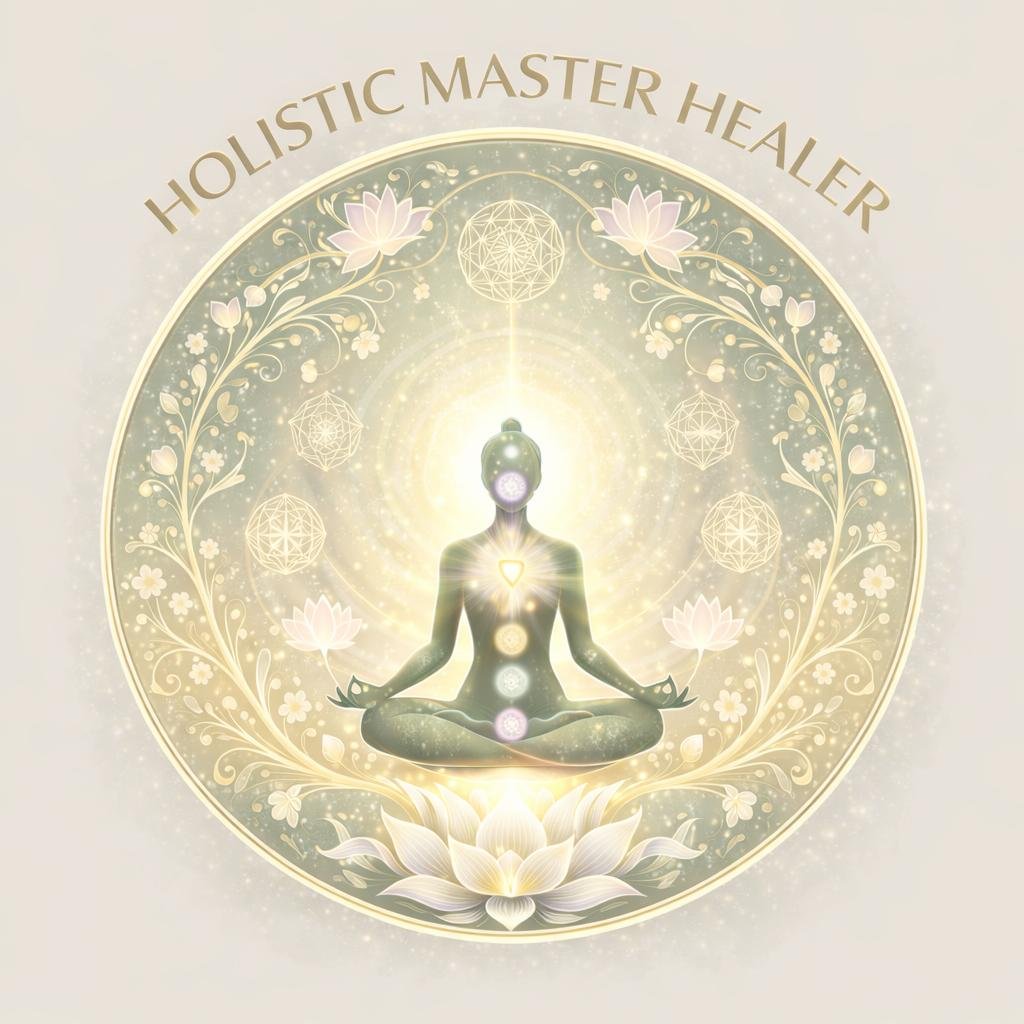 A person sitting in a meditative pose in front of a glowing, intricate, sacred geometric background with lotus flowers and the words "Holistic Master Healer" at the top.