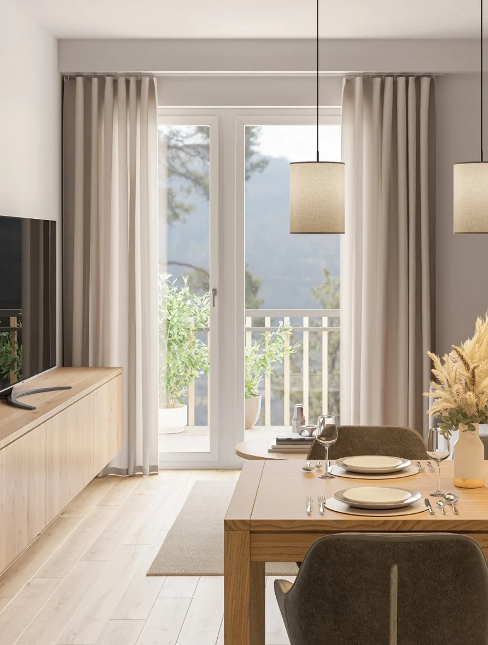 Dining area with a table set with plates, glasses, and silverware, a vase with flowers, a large window with white curtains, and a door leading to a balcony with potted plants, in a modern, light-filled room.