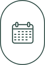 Icon of a calendar with dates in a grid, surrounded by an oval outline.
