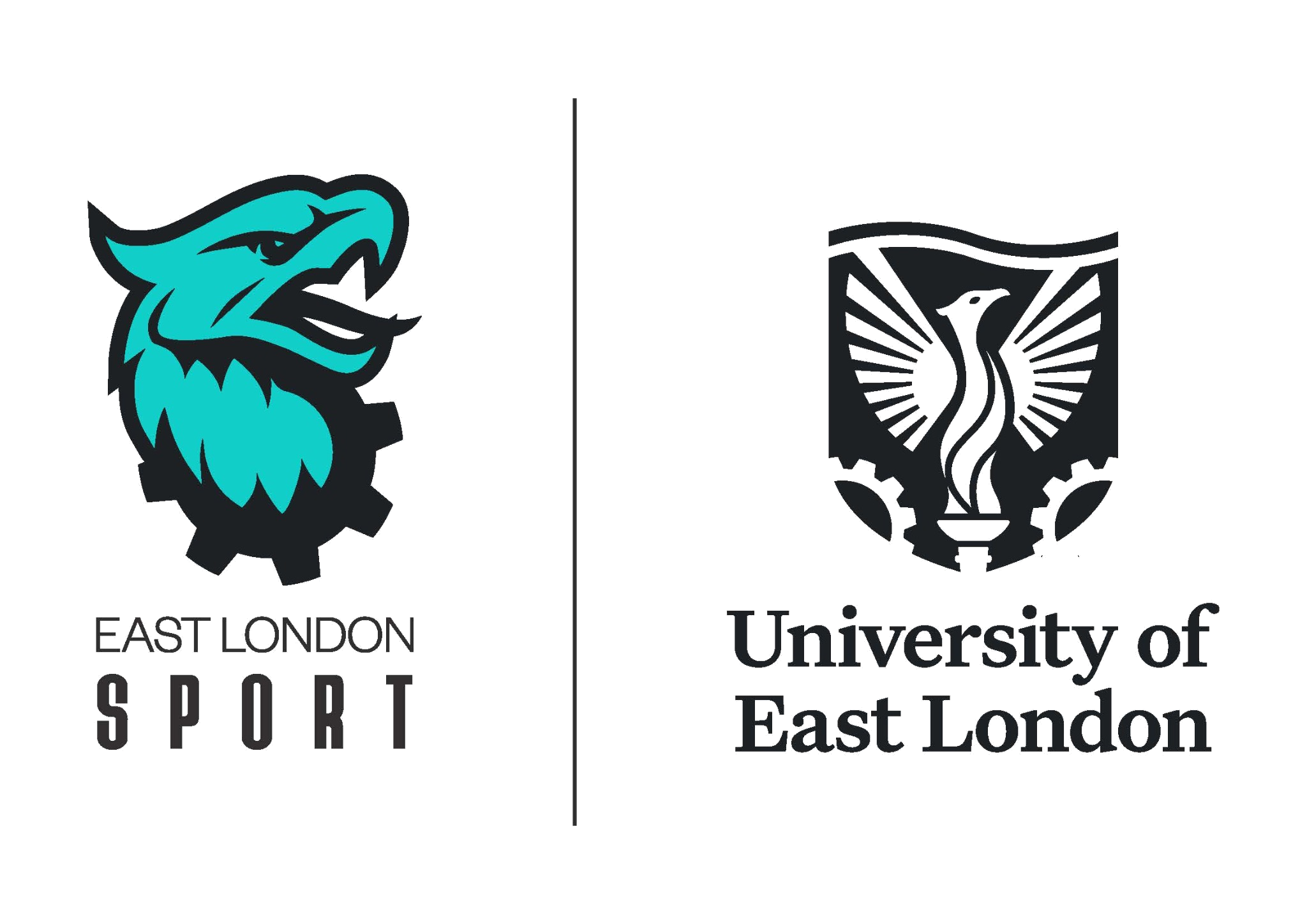 Logo of East London Sport featuring a stylized blue and black dragon's head with the text 'East London Sport' below, and a crest of the University of East London in black and white with a stylized bird and shield with the text 'University of East London' below.
