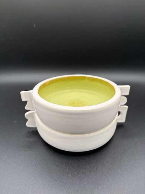 Stacked bowls with funky handles- stoneware and green glaze