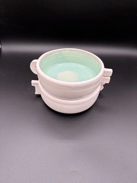 stacked bowls with funky handles- stoneware and green celadon glue