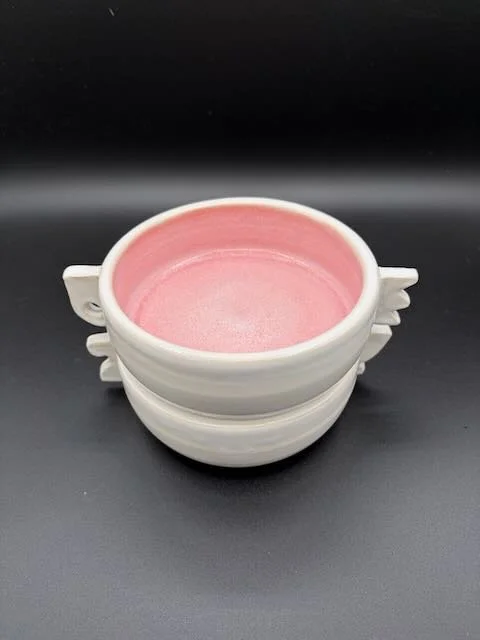 Stacked bowls with funky handles- stoneware and pink glaze