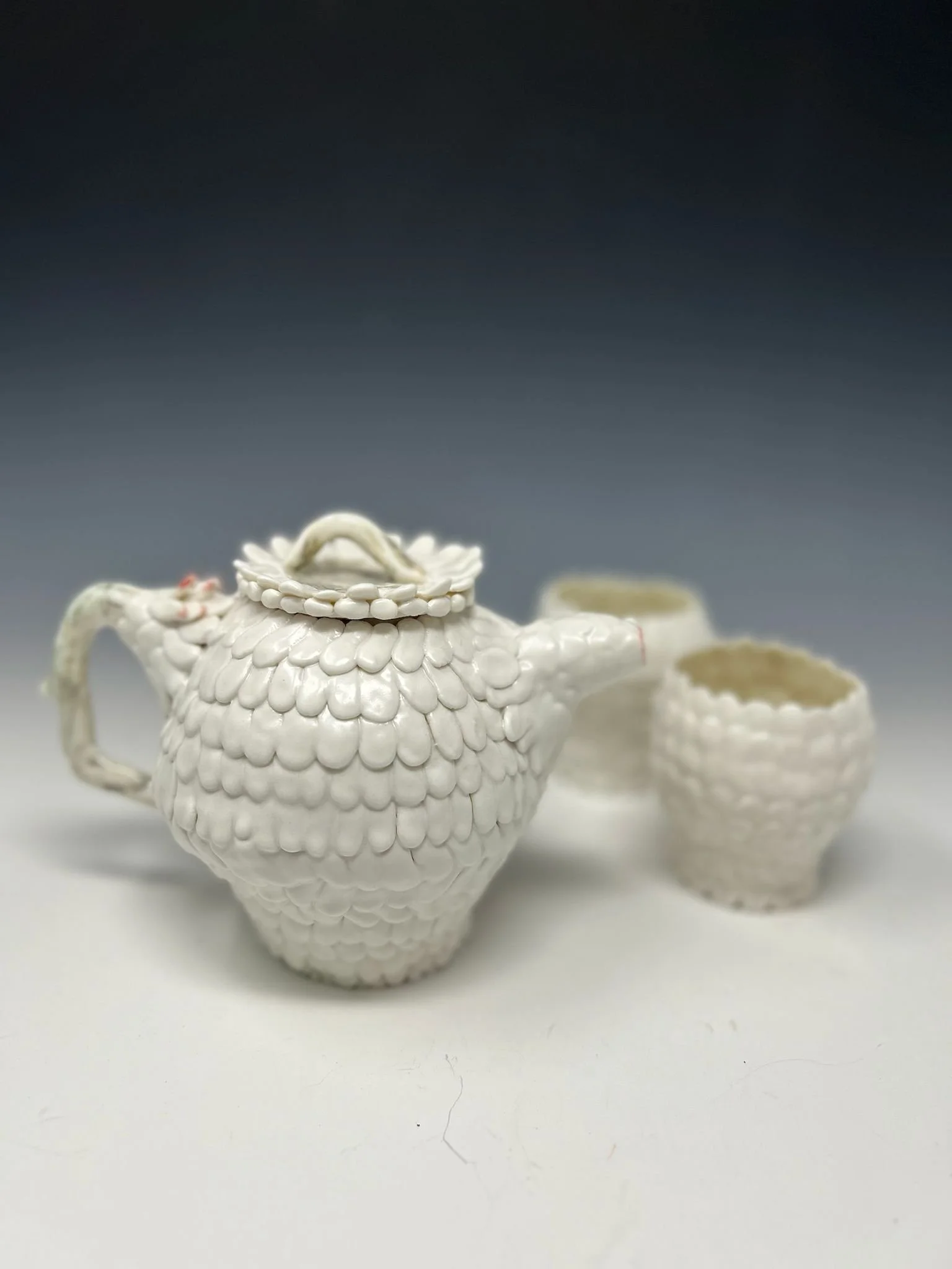 Hand-built porcelain teapot and cups-tree branch accents