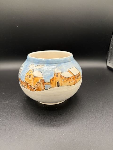 Moon Jar- decorated in the style of Pieter Bruegel winter landscape painting
