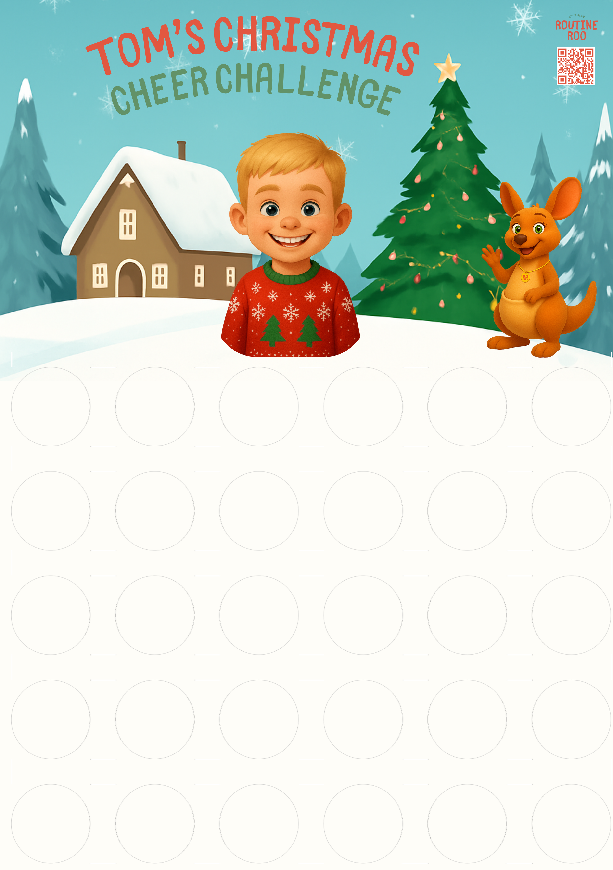 A reward chart that features a child's cartoon avatar with a cristimas scene behind it and the words Childs name Chrismtas cheer challange. It has lots of circles to place stickers on as rewards.