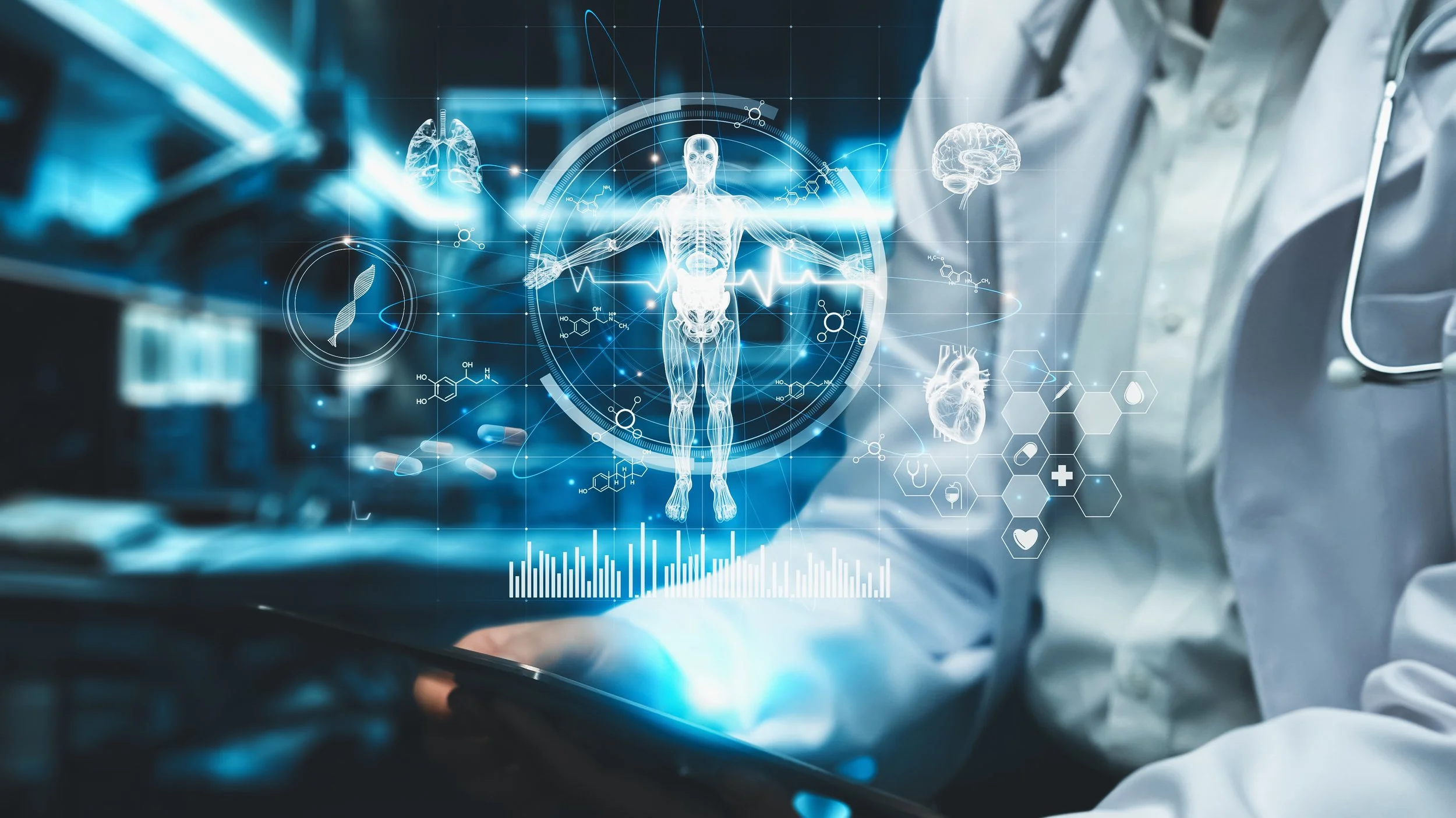 A doctor in a lab coat and stethoscope examining a digital health interface displaying a transparent human body, organs, and medical data in a high-tech hospital setting.