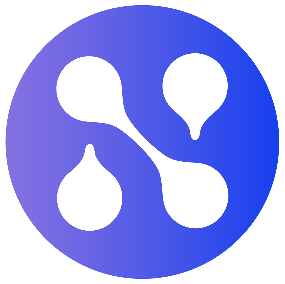 A blue circular icon with three white stylized shapes resembling teardrops or buds connected by curved lines.