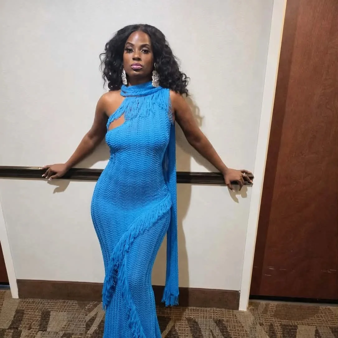 Queen Rocking that Sky Blue Sweater Maxi Dress