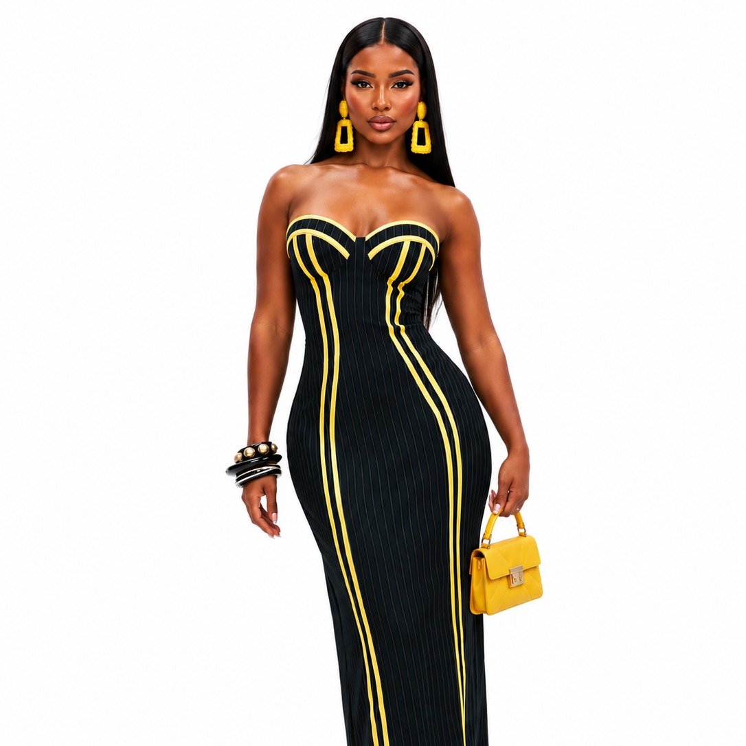 Queen Rocking that Black and Yellow Maxi Dress