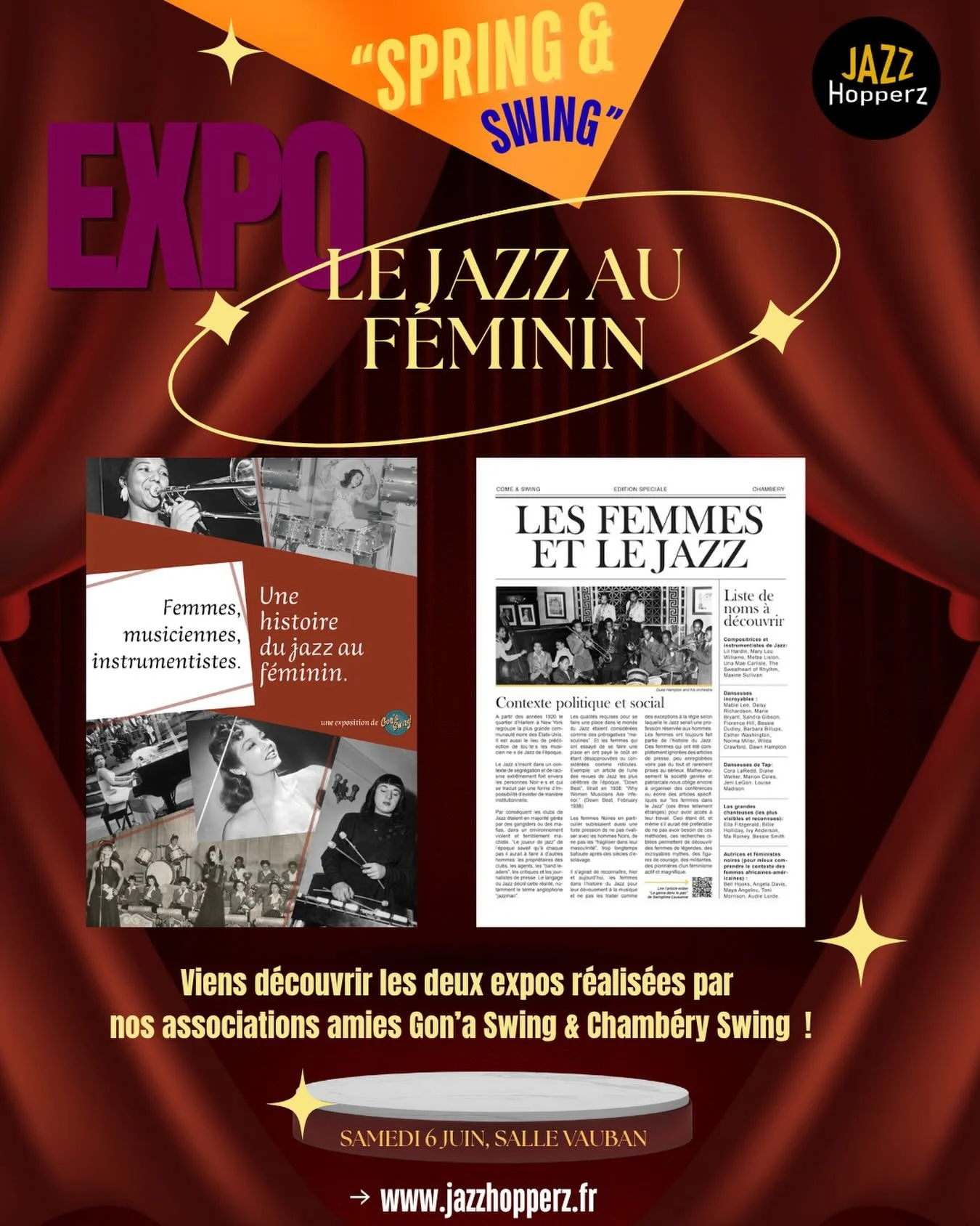 [ Expo collaborative ✨] J-10 d&eacute;j&agrave; avant le Spring &amp; Swing 2026 !
&Agrave; cette occasion, @jazzhopperz r&eacute;unit le travail de deux associations amies le temps d&rsquo;un week-end, @gona_swing &amp; @chamberyswing, pour pr&eacut