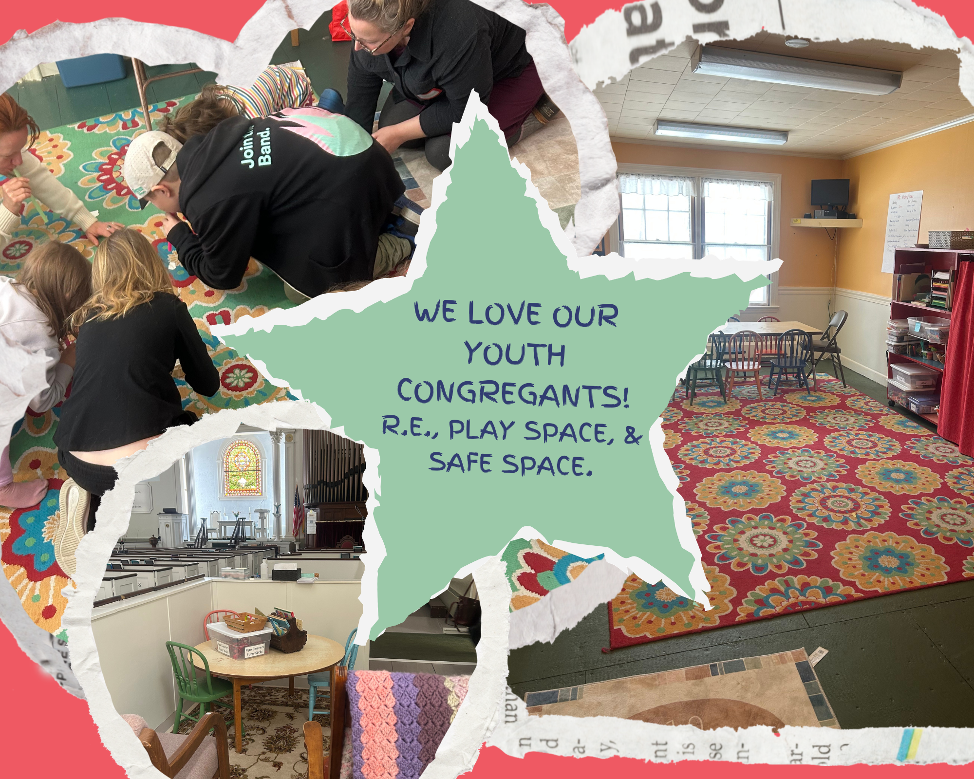 Photo collage of RE Space, Young congregants in a hide and seek type game, and the children's corner of the sanctuary.