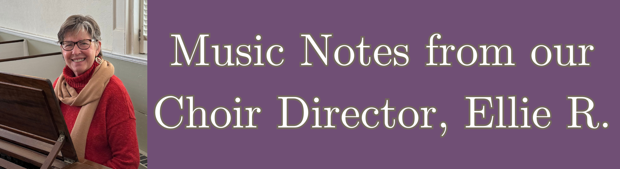 Ellie in a red sweater with a salmon colored shawl sits beaming at the piano.