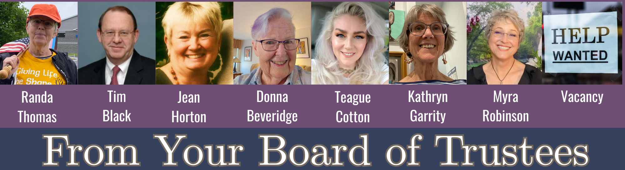 2025-2026 Board Members with a Vacancy Sign for 8th Board Member