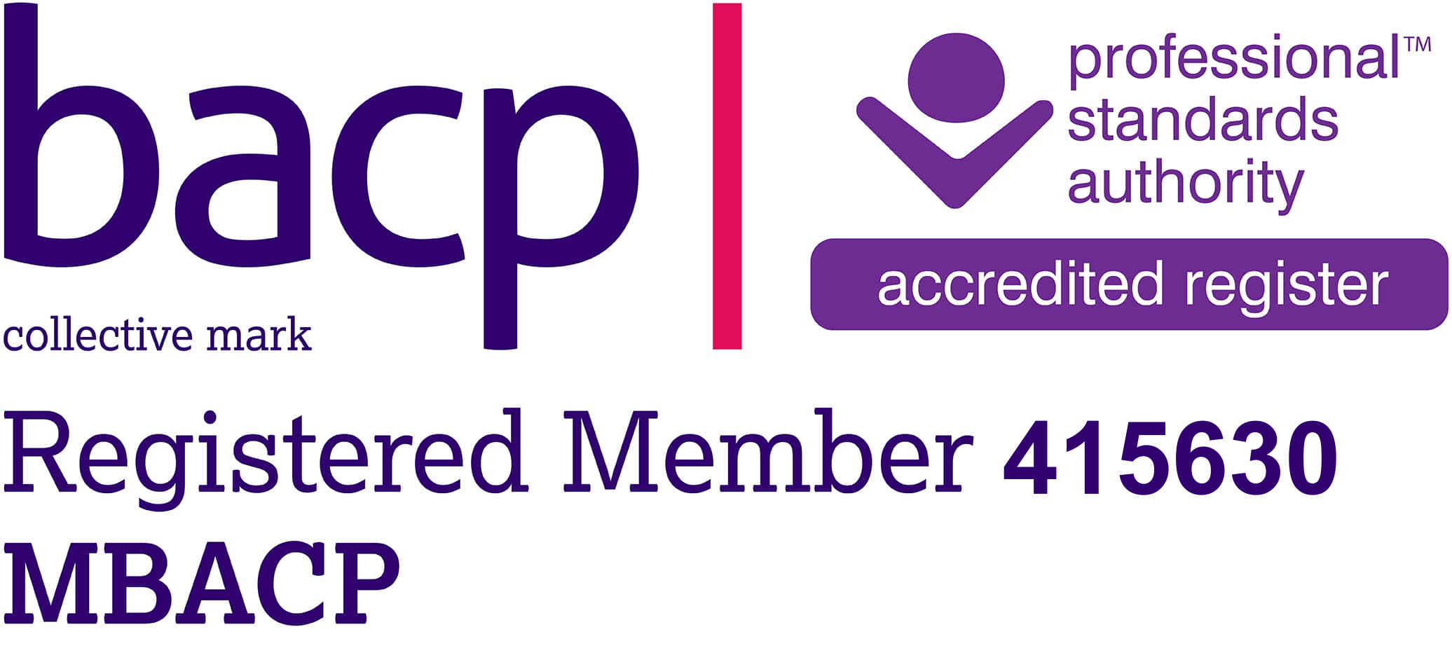 BACB accreditation badge with a purple and white color scheme, featuring the BACB logo, a figure with arms raised, and text indicating professional standards authority, accredited register, and licensed member number 415630 MBACP.