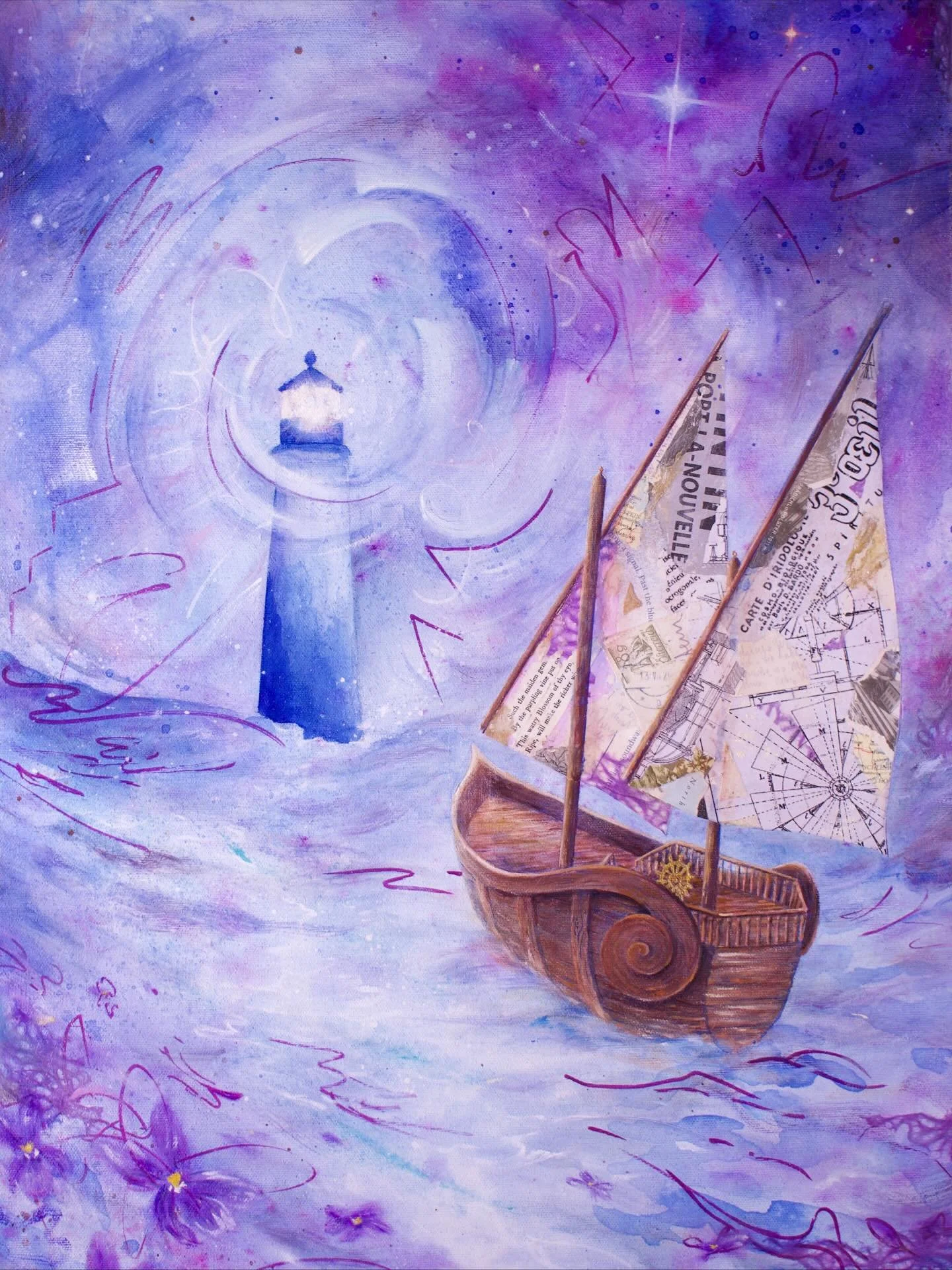 &ldquo;Hope&rdquo; (from the Caravella Collection)
Acrylic inks, collage, gold leaf, oil paint on canvas
24&rdquo; x 16&rdquo; 

Dreaming of a lighthouse - hope on the horizon. A light remembered, like a wishing star, keeps this faithful vessel stead