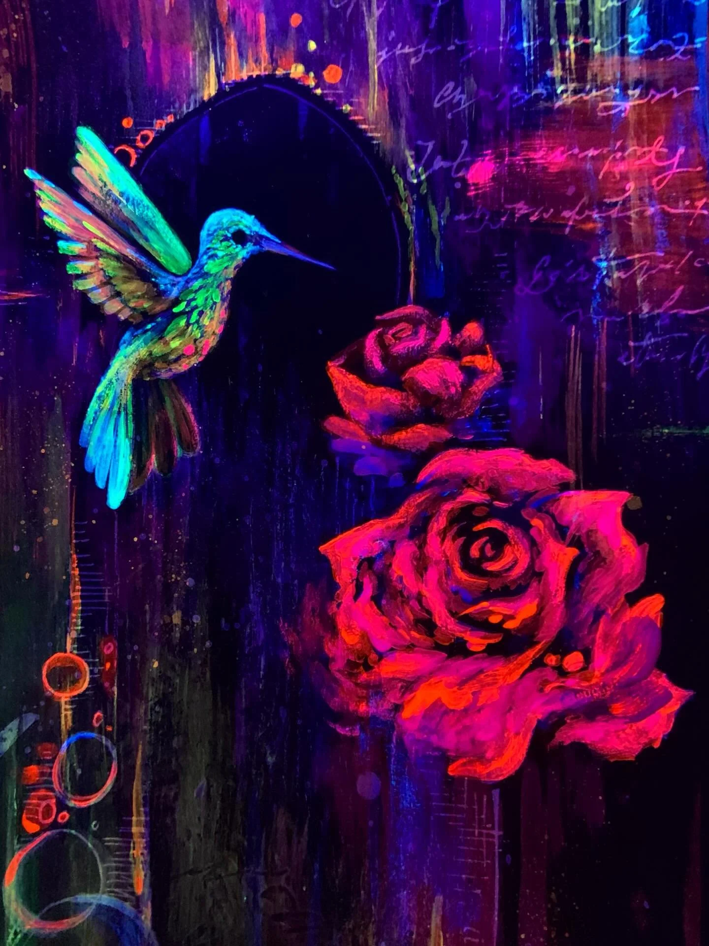 &ldquo;Entrancing Dance&rdquo; (2026) is a surrealist sketch in fluorescent and pearlescent paint on black paper. 

I love bringing luminous colors out of a black background. Like iridescent shine dancing on the velvet veil of darkness. 

This romant
