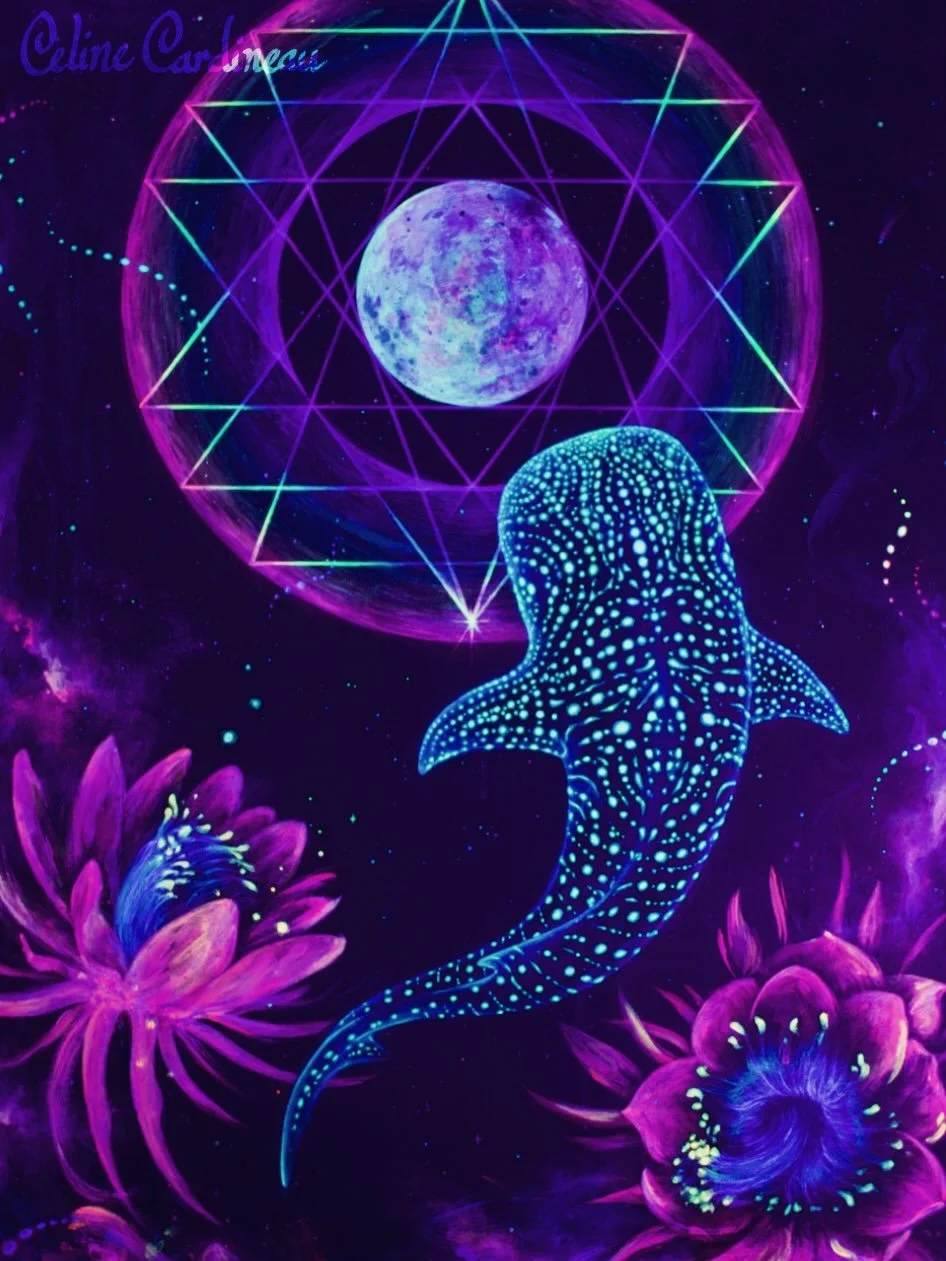 &ldquo;Voices of Grace&rdquo; ~ painted live at Lumi&egrave;re Noire 2026

The first photo shows the painting under black lights; the second shows the painting in natural light. 

For my first large UV-reactive canvas, I&rsquo;m pretty pleased with i